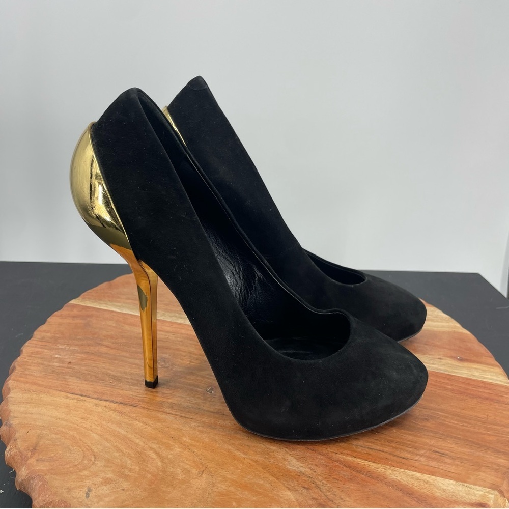 Giuseppe Zanotti metal Gold cap high Heel Black Suede Nana Pump 39.5 9.5